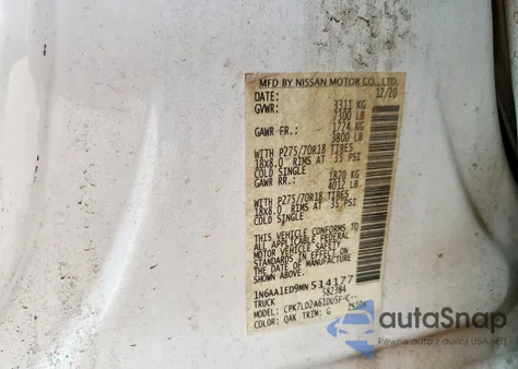 2021 Nissan Titan Sv из США, поврежденный, VIN 1N6AA1ED9MN514177